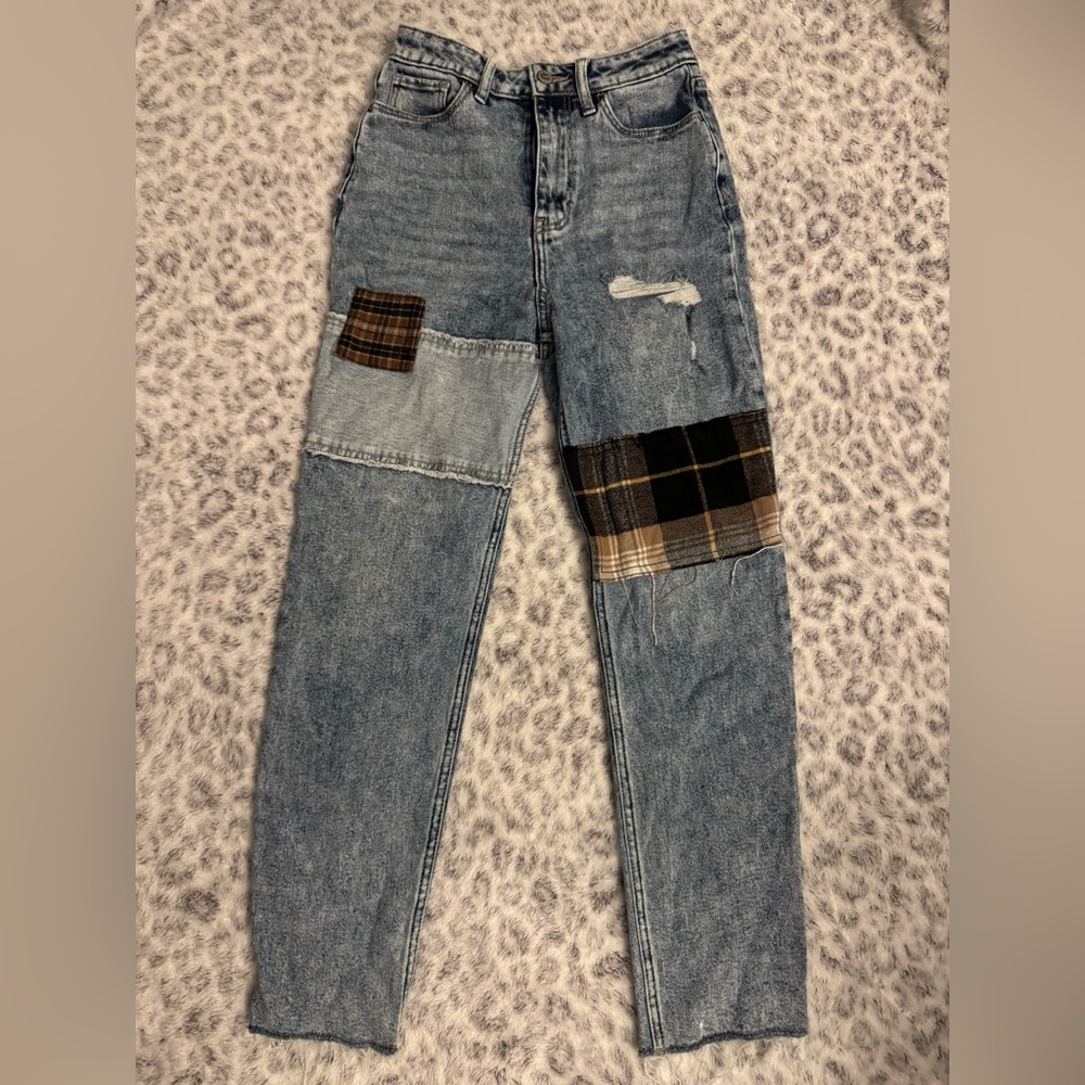 Hollister High Rise Jeans with Plaid Patches - Blue and Brown